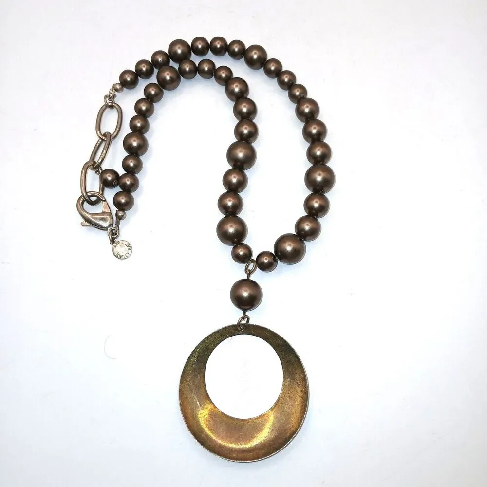 Emily Ray Bronze Tone Beaded Pendant Necklace Antique Gold Tone Signed 17 inches